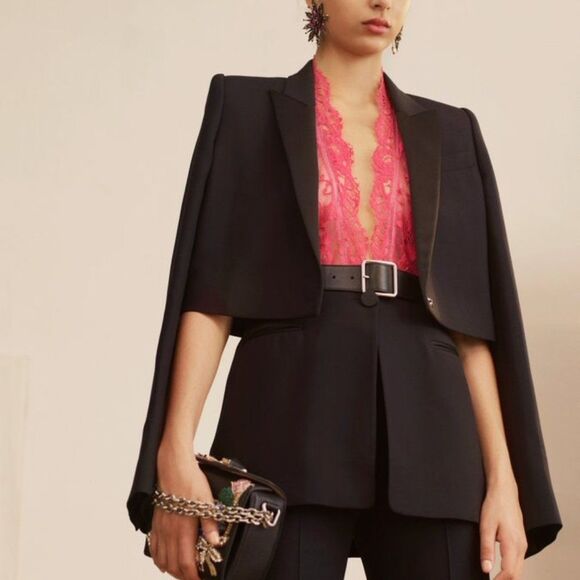 ALEXANDER McQUEEN Trompe L'Oeil Wool Silk Tuxedo Jacket Pink Lace Top S M 6 8 - Picture 8 of 16